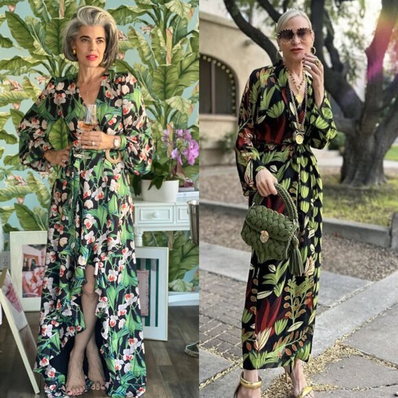 H&M pleated wrap dress floral tropical black green kimono coverup maxi medium - Picture 9 of 11